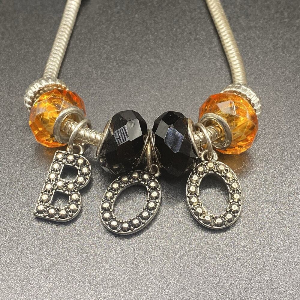 Halloween BOO Charm Bracelet Orange Black Crystal Silver Tone